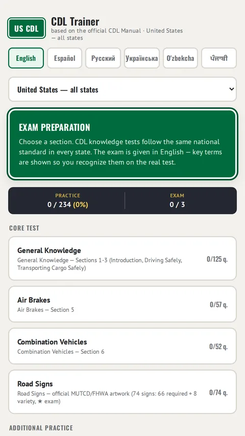 CDL Trainer USA app - home screen with all CDL test sections