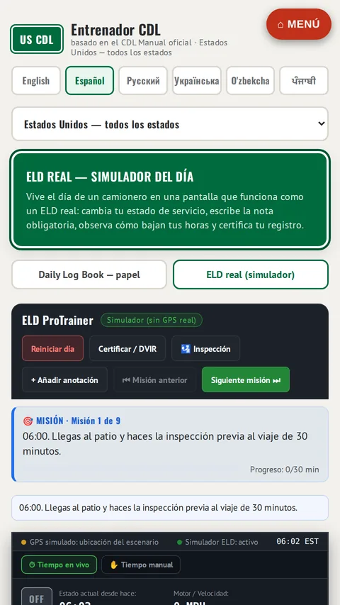 ELD ProTrainer - simulador de bitácora electrónica de horas de servicio