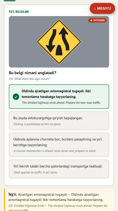 CDL yo'l belgilari - izohli savol (rasmiy MUTCD belgilari)